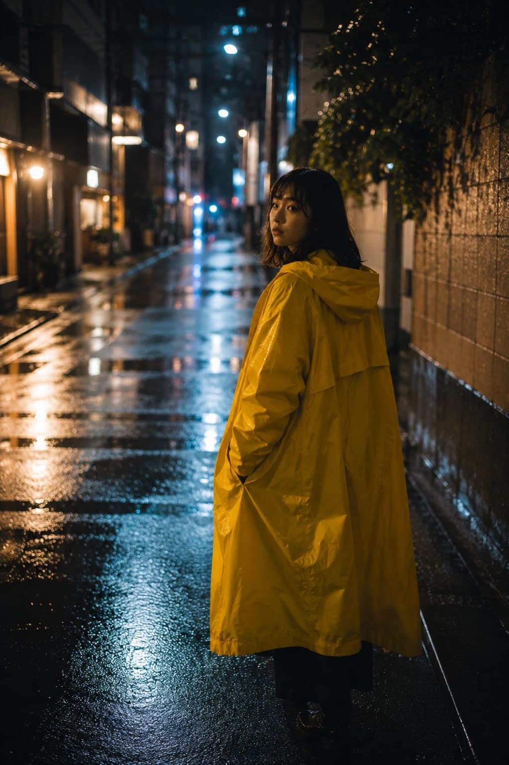雨の街の黄色いレインコート